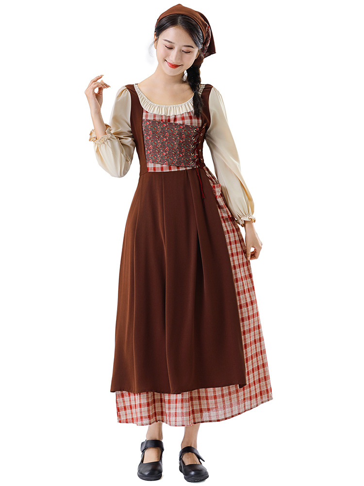 Traditional Dirndl Costume Dress With Cream Long Sleeves And Ankle Length